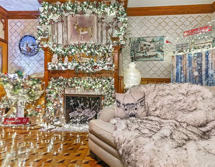 The fireplace dressed for Christmas