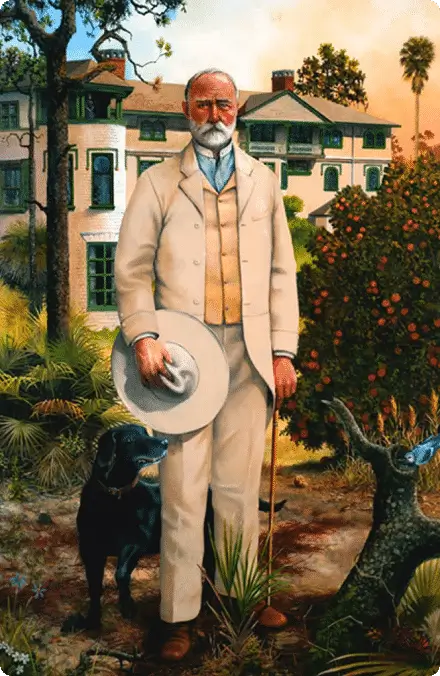 A portrait painting of John B. Stetson with his dog