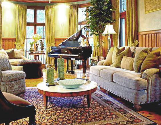 The music room, with its baby grand piano and bay window